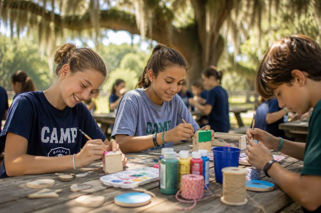 Campers working on crafts and engaging in small-group discussion during a creative station at camp