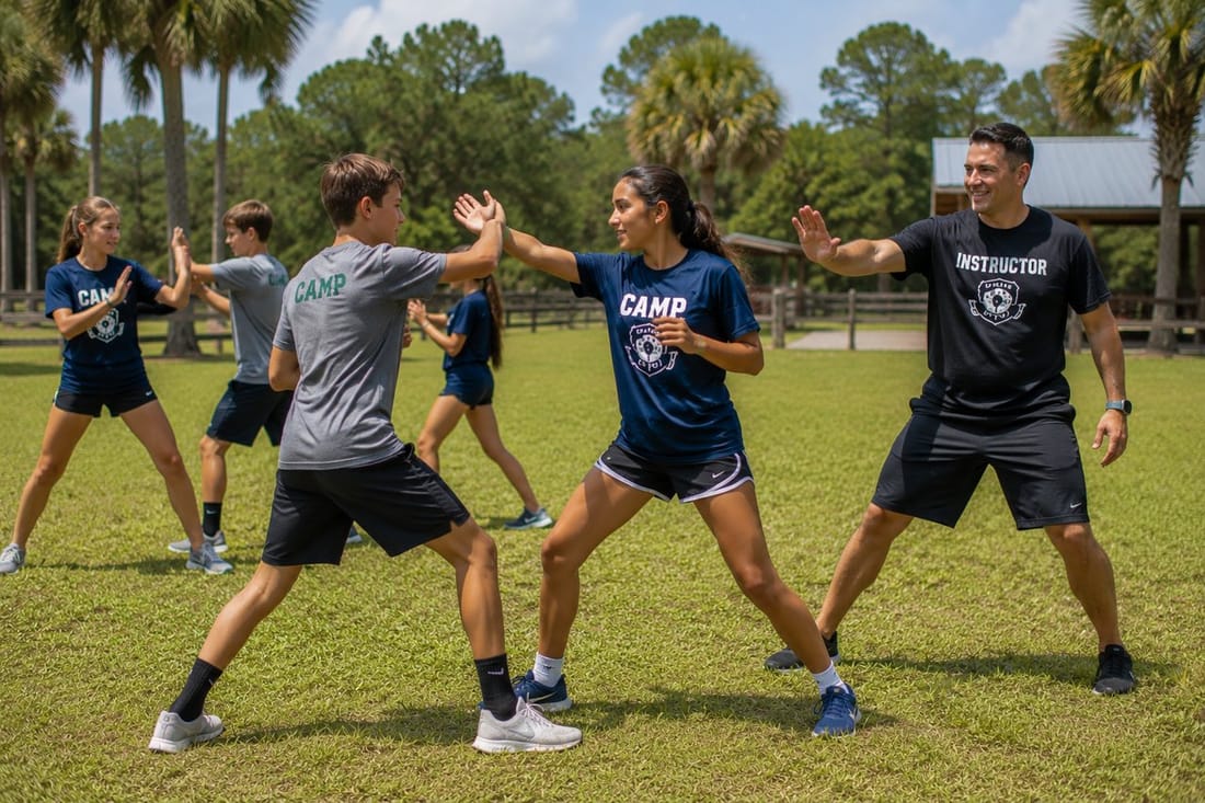 Campers practicing basic self-defense fundamentals in a supervised session at Adventure Day Camp